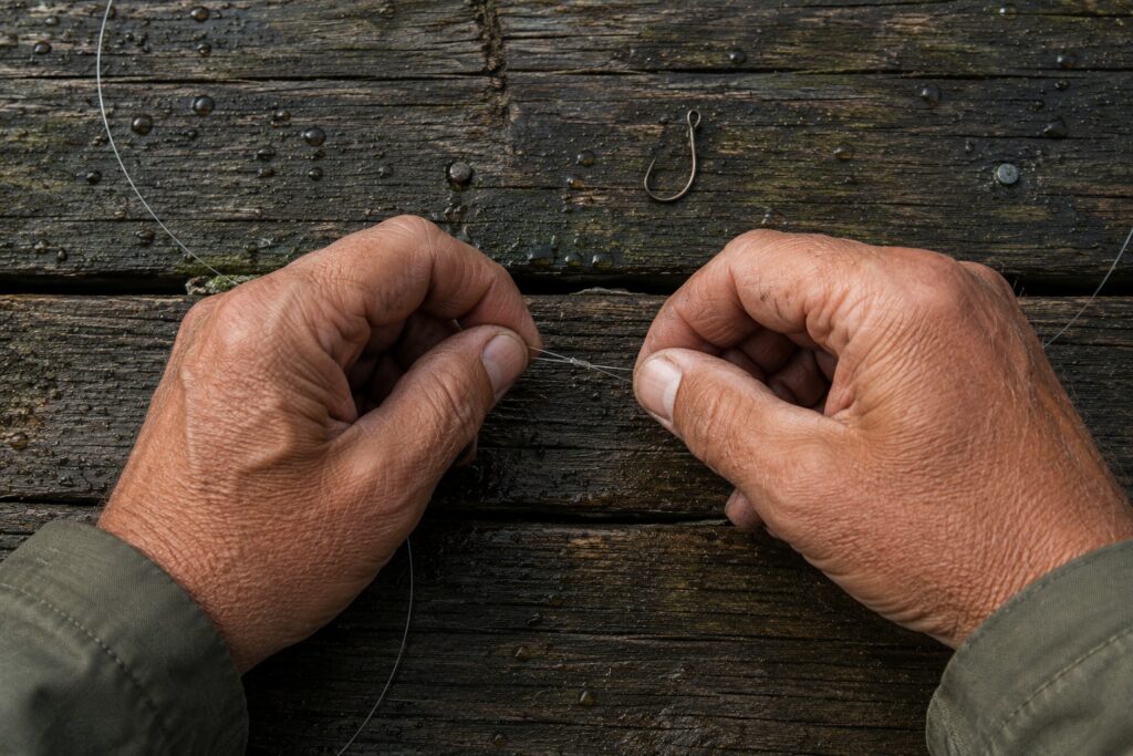 Angler's hands tying fishing line to a hook — best fishing bait for beginners setup on a wet wooden dock